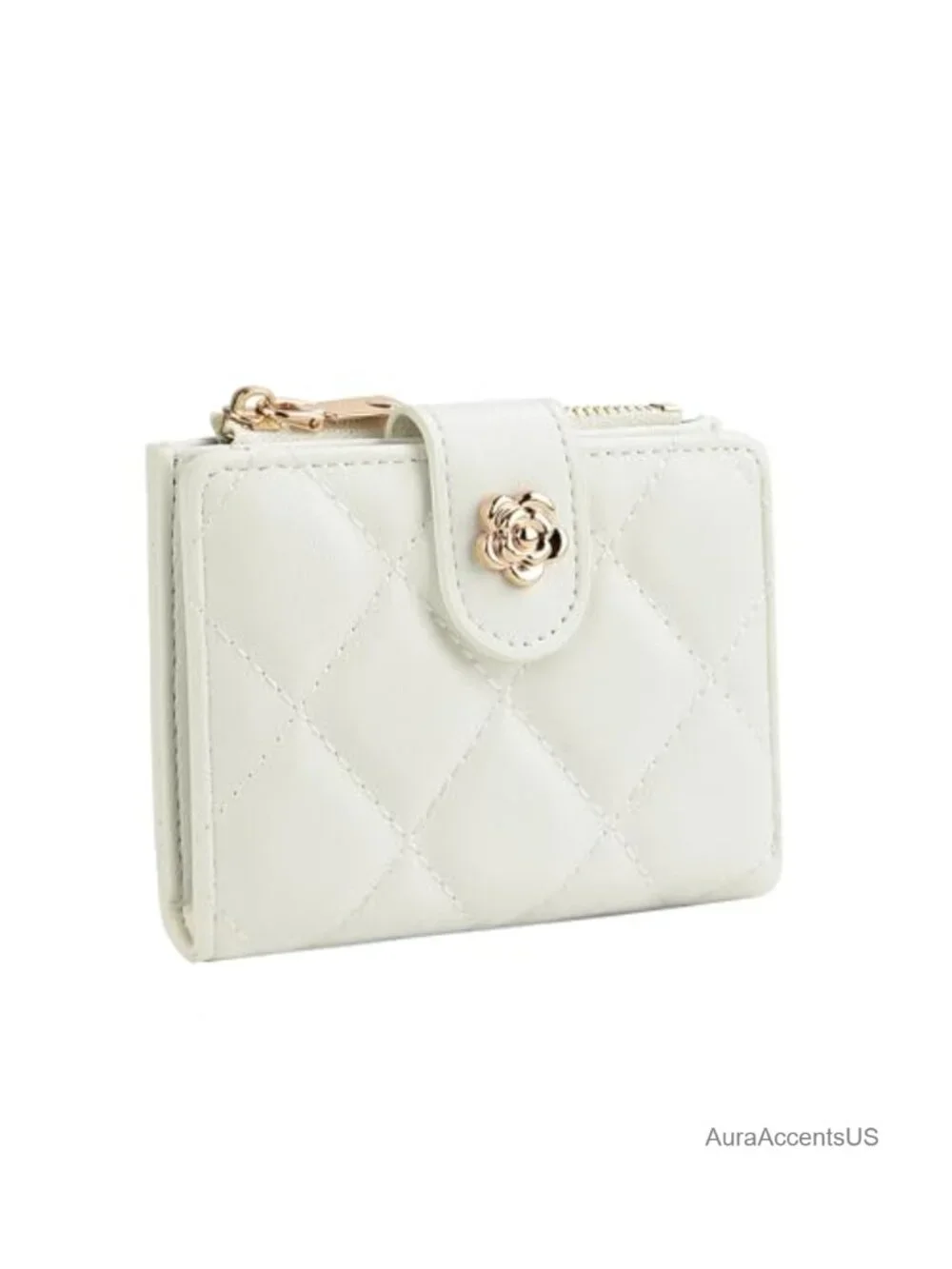 Small Faux Leather Quilted Floral Snap Wallet with Card Slots & Coin Zip Pouch